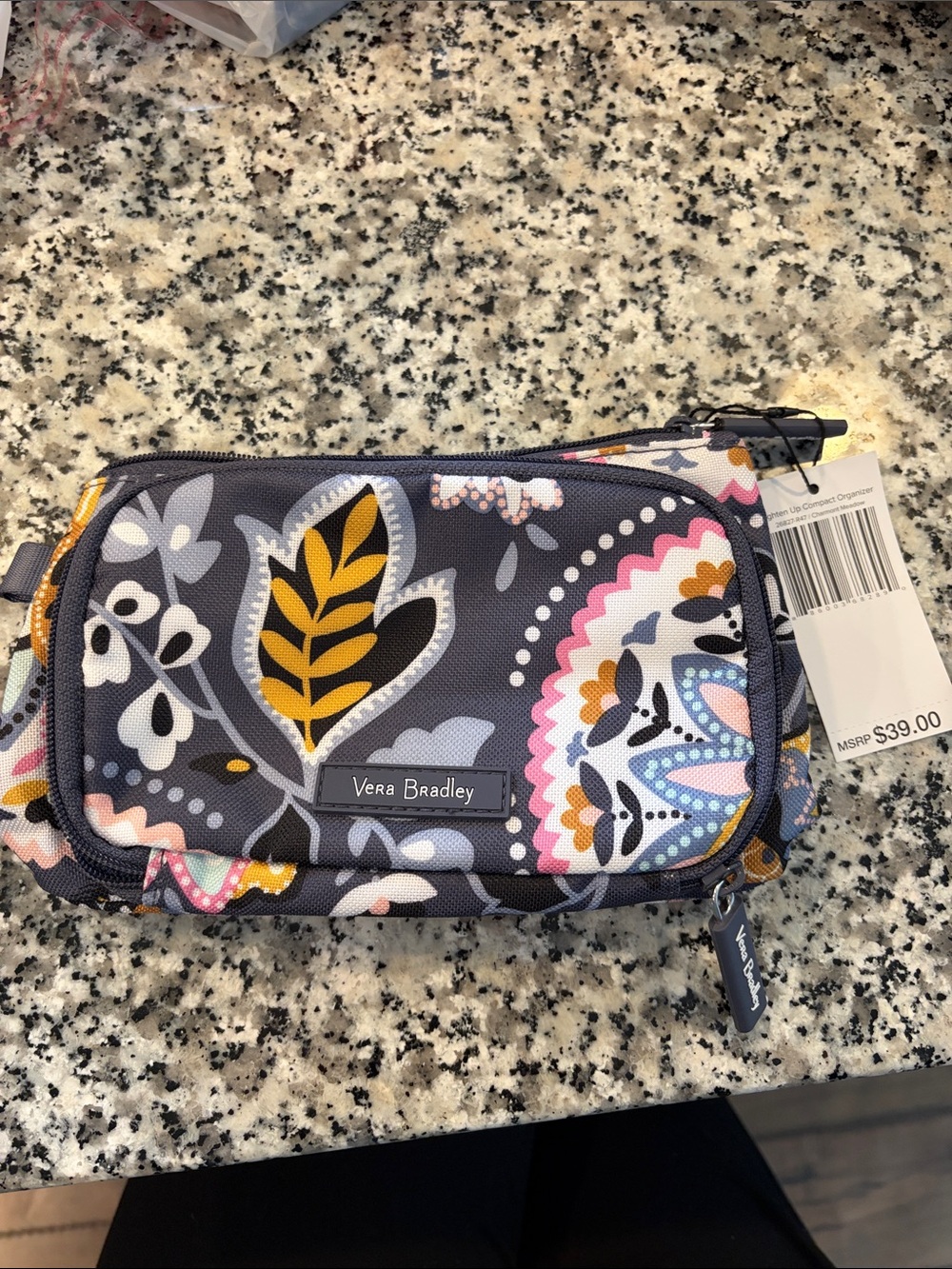 Vera Bradley Navy Floral Quilted Cosmetic Pouch with Mustard and Pink Accents